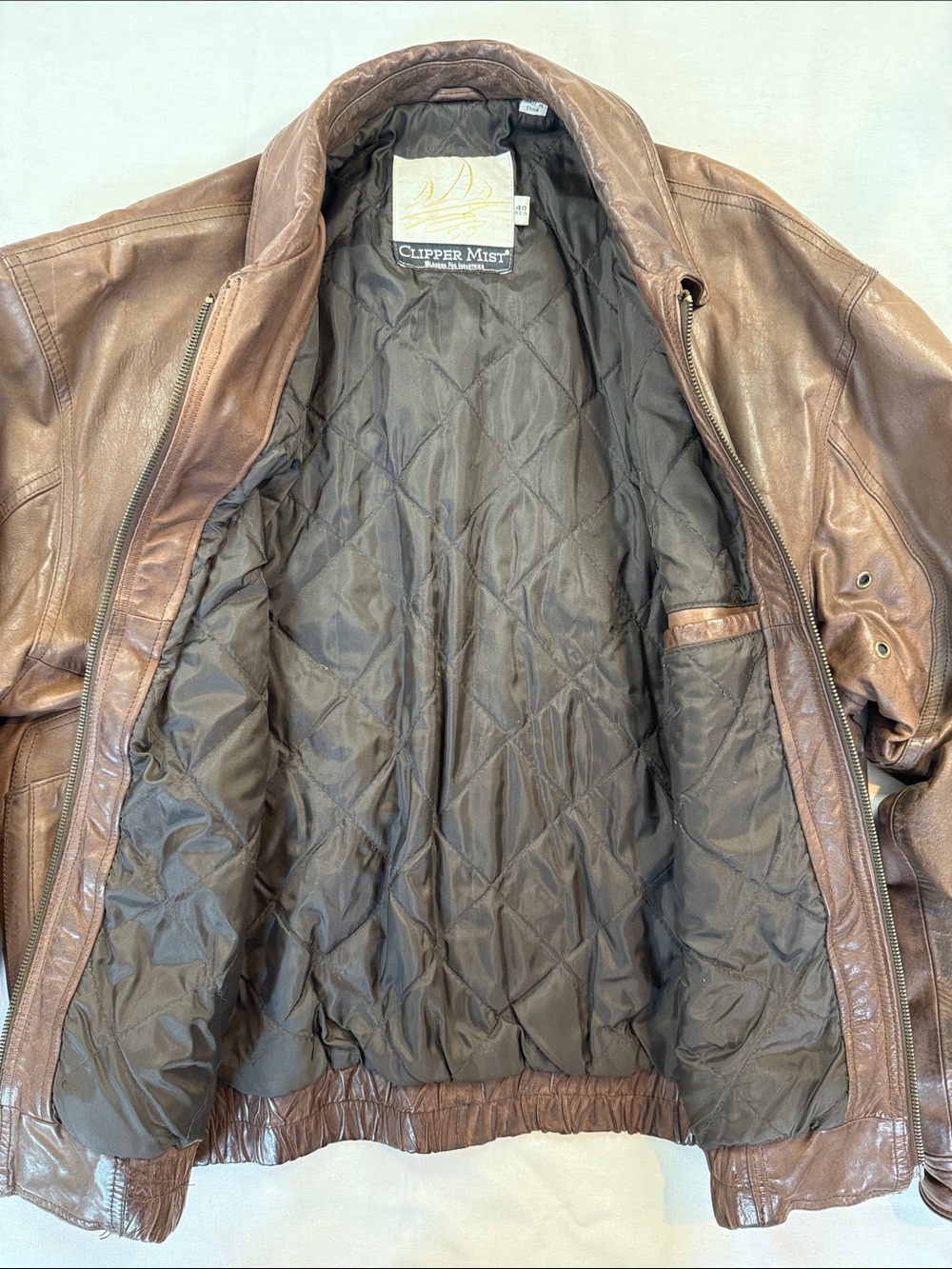 Clipper Mist London Fog Leather Bomber Jacket 90s Brown 40R